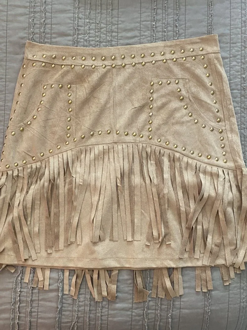 Boho Faux Suede Fringe Mini Skirt - Tan Studded Western Festival Cowgirl - XL - Picture 6 of 7